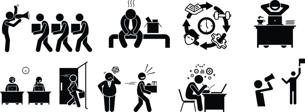 Workplace stress and employment transition icons showing burnout firing hiring and office daily life.