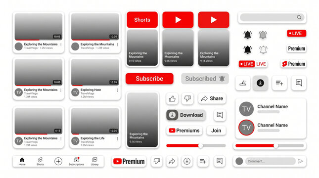 Youtube video platform application interface UI UX kit featuring mockup player thumbnails, shorts, subscribe buttons, notification icons, live stream tags, premium tags and channel layout.