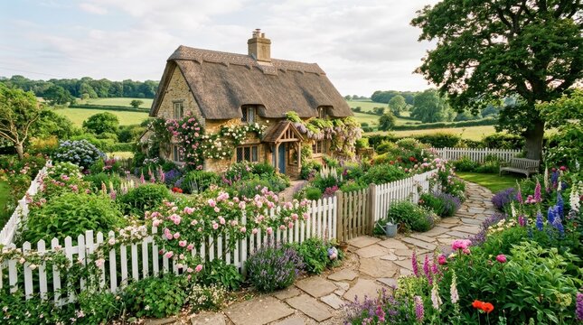 Charming thatched cottage surrounded by a vibrant English country garden in bloom