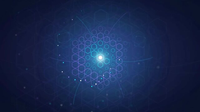 Abstract Digital Technology Background with Glowing Blue Hexagonal Grid and Pulsating Light Particles
