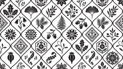 Scandinavian folk art seamless pattern, black and white botanical tile vector, rustic floral ornament with leaves and forest elements © Sawmraj