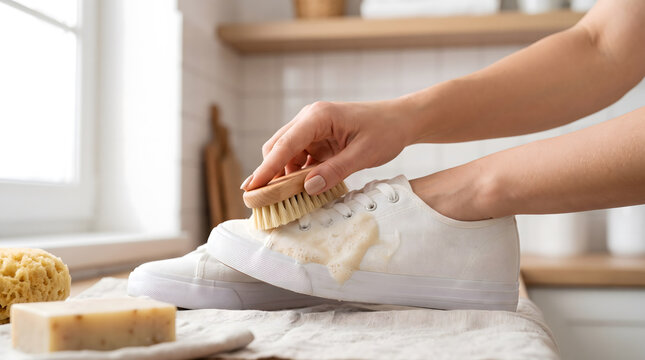 Woman cleaning white sneakers with a brush and soapy foam.