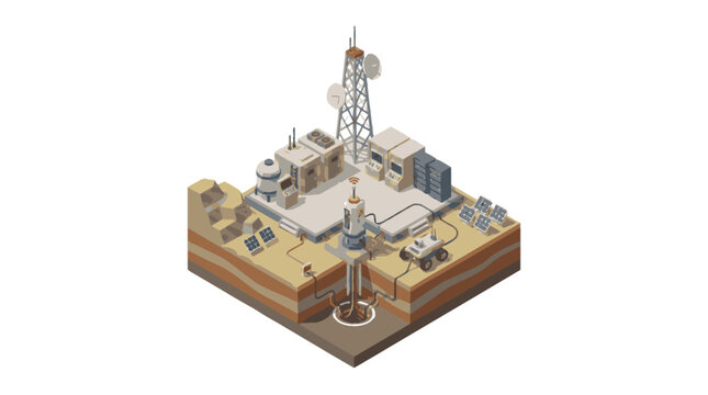 Isometric oil drilling rig industrial site illustration.