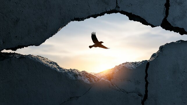 Bird flying through broken wall at sunrise