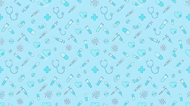 Blue medical repeating pattern on white background