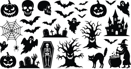 Fototapeta premium Halloween silhouette icons set vector illustration spooky pumpkin ghost bat witch skull haunted house graveyard elements