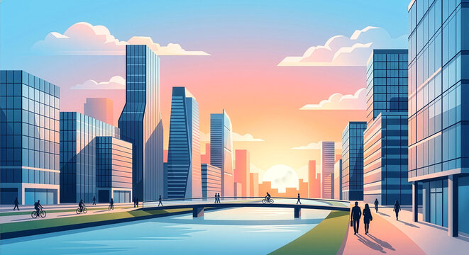 美しい朝焼けの空が広がる近代的なオフィス街と、川に架かる橋を行き交う人々のイラスト。都市の発展、サステナブルな働き方、通勤やライフスタイルを表現した都市景観のコンセプトイメージ