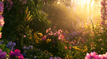Obraz premium Sunlit garden with vibrant flowers and lush greenery at sunrise