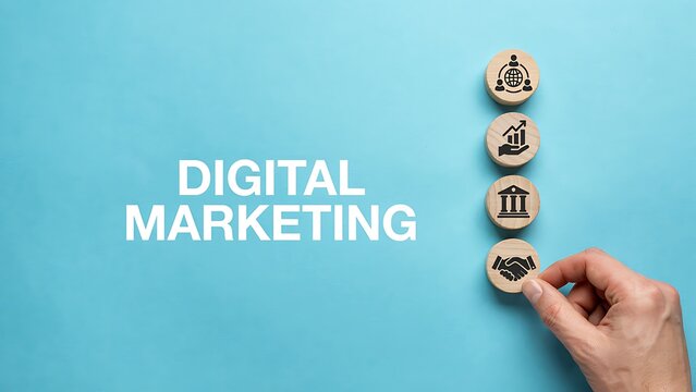 Digital Marketing Strategy and Business Growth Concept with Wooden Blocks, SEO, Social Media Marketing, Brand Development and Business Success