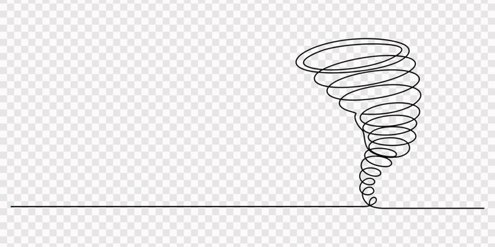 Hurricane Disaster Symbol Drawing, Tornado swirl continuous line with editable stroke isolated on white background - vector illustration set, The whirlpool is drawn in one line. Vortex. Outline draw