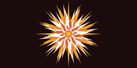 Fototapeta premium Abstract Geometric Sunburst with Sharp Orange and Red Rays Isolated on Black Background