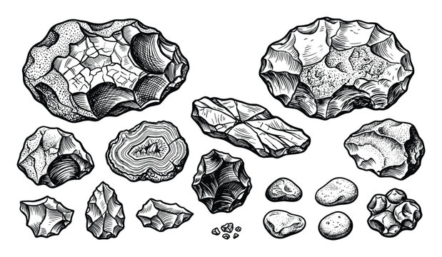 Flint stone hand drawn illustration, various prehistoric tools and rocks