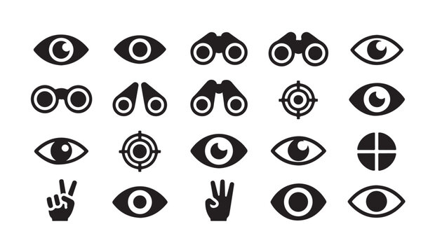 Vision and observation icons set with eyes binoculars target and hand signals for viewing monitoring concept.