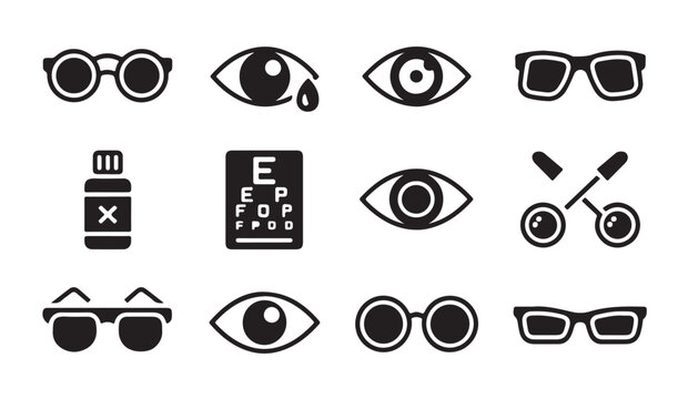 Icon set of eyeglasses and optical vision tools featuring vision testing charts and medicine eye drops.