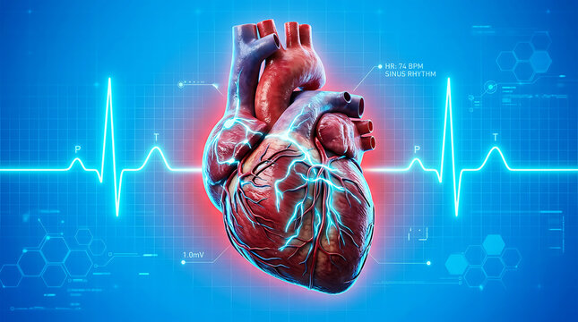Human heart with ekg line, red and blue gradient background electrocardiogram