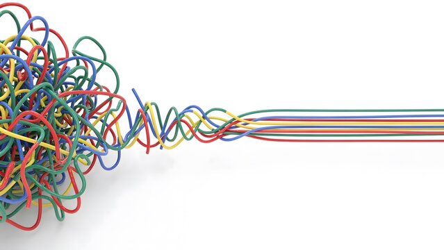 Abstract concept of chaos and order, tangled colorful wires untangling into straight lines isolated on white background