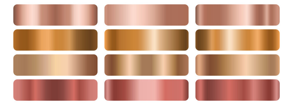 Copper and rose gold gradient swatch set. Blush, bronze, amber, mauve, crimson foil shades. Glossy horizontal bands, light to dark. For badge, label, ribbon, banner. Vector metallic texture palette.
