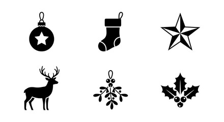 Fototapeta premium Christmas Icons Set: Bauble, Stocking, Star, Reindeer, Snowflake, Holly - Vector Graphics