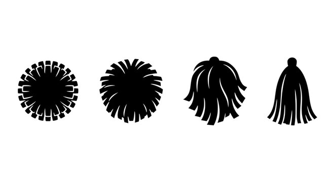 Four Black Silhouette Tassels and Pom Poms, Decorative Fringe Elements, Crafting Embellishments, Vector Icons for Design