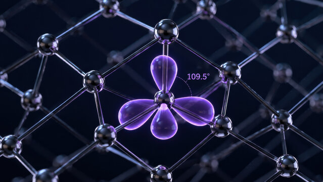 Glowing purple sp orbital lobe at diamond crystal lattice node, metallic spheres connected by bonds, dark navy background with angle annotation, high detail molecular structure