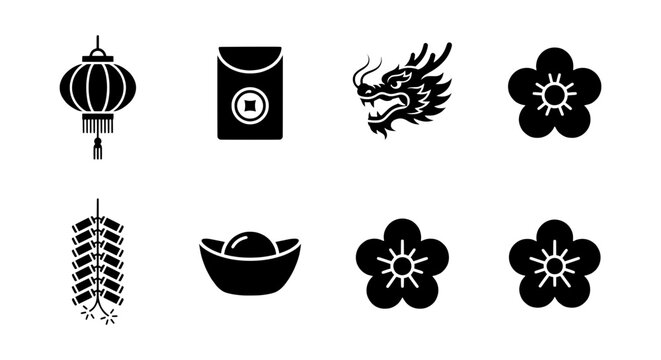 Chinese New Year Icons Set: Dragon, Lantern, Red Envelope, Firecrackers, Gold Ingot, Plum Blossoms