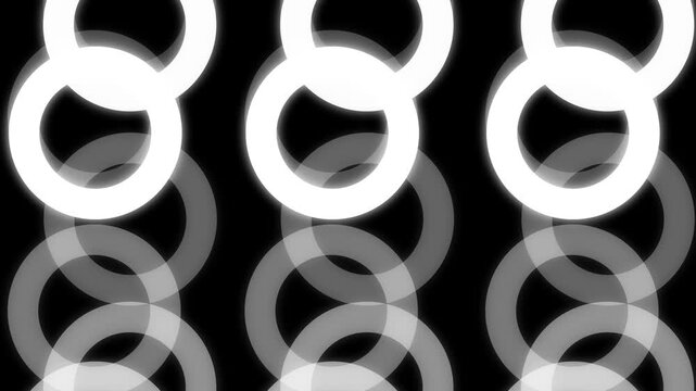 Abstract white glowing rings chain overlay loop moving circular pattern light black background matte