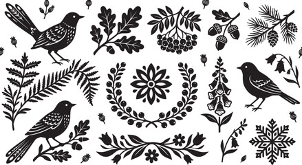 Fototapeta premium Scandinavian folk art forest pattern, black and white woodland birds and botanical elements, rustic floral linocut vector illustration