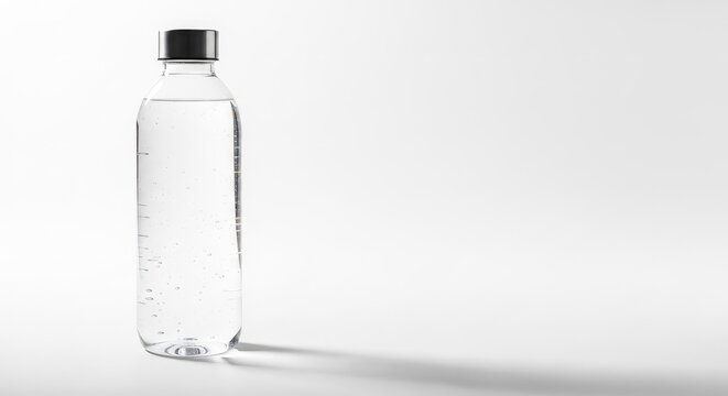 Empty clear plastic water bottle on white background. Minimalist transparent hydration container for product display and branding.