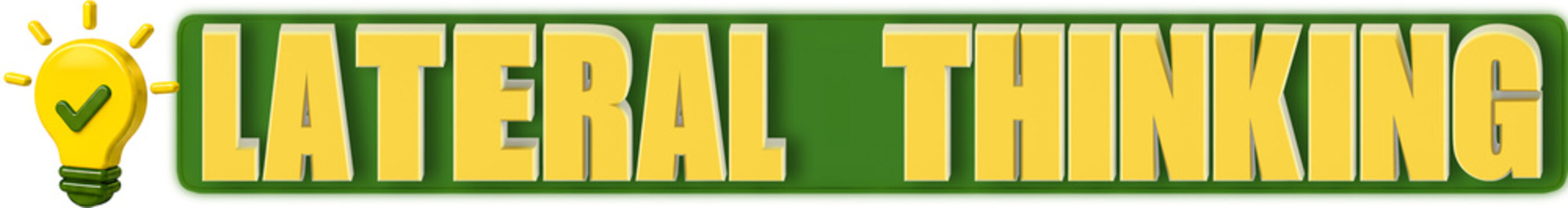 Lateral Thinking 3d Lettering and Light Bulb, isolated on green curved rectangular background- 3d rendering