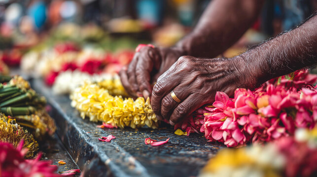 Close up of hands weaving traditional flower garlands for the Vaikasi Visakam Procession ceremony in a vibrant market setting