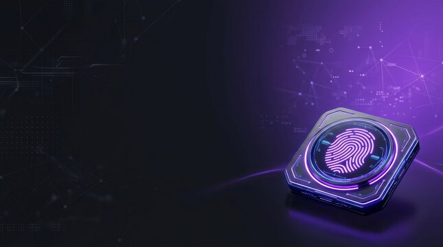 A glowing digital fingerprint icon displayed on a modern computer processor chip set against a dark purple background