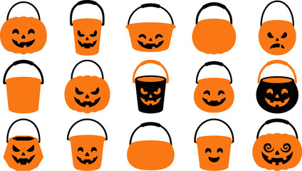 Set of various halloween candy bucket designs featuring jack o lantern faces and spooky orange plastic pails © vector