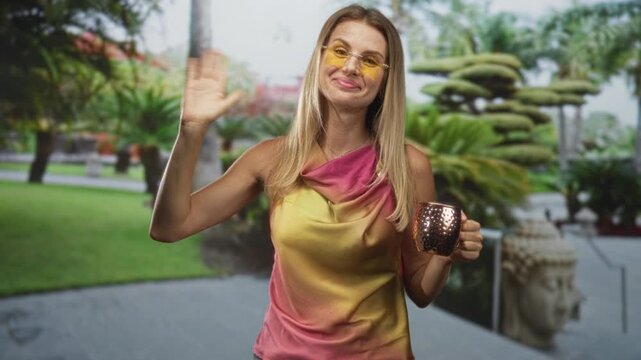 Blonde woman holding a copper cocktail mug waves hand toward camera in building courtyard, wearing yellow sunglasses and gradient dress; cheerful celebration.