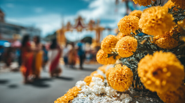 Traditional Marigold Flowers Adorning a Vibrant Vaikasi Visakam Procession Celebration in a Sunny Outdoor Setting
