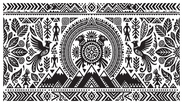 Tribal sacred sun mandala with phoenix birds and mountain ethnic pattern in black and white vector illustration isolated on white background