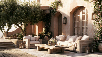 Fototapeta premium Mediterranean-style outdoor patio with rustic furniture and lush greenery