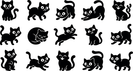 Obraz premium Halloween black cat silhouette bundle set collection on white background featuring various cute playful feline poses for holiday design