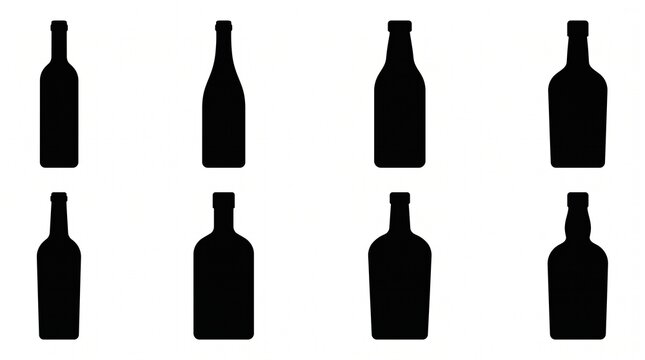 Black bottle silhouettes set of 8 icons, minimalist alcohol glass bottle shapes, assorted beverage container outlines for bar and restaurant menu design