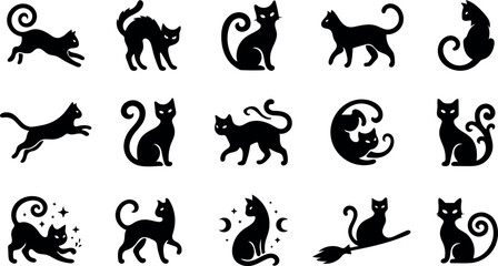 Halloween black cat silhouette bundle set collection on white background featuring various playful poses and spooky feline character designs © Ammbia