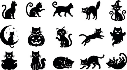 Naklejka premium Halloween black cat silhouette bundle set collection on white background featuring various spooky feline poses for festive seasonal design