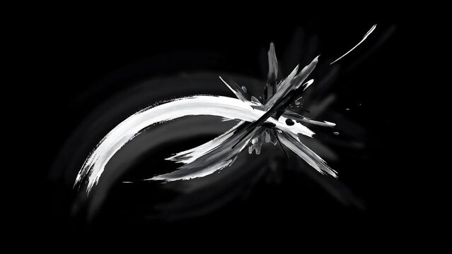 Abstract white ink brush stroke with explosive splash effect on a solid black background