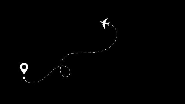 Animated airplane flight path with location pin on black background
