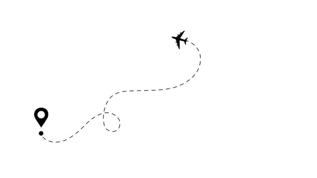 Airplane travel path animation with location pin and dotted flight route on white background