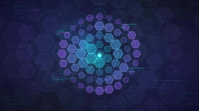 Abstract futuristic digital interface with rotating purple and blue hexagonal grid patterns on dark background