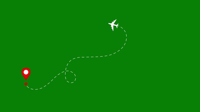Animated airplane flight path with location pin on green screen background