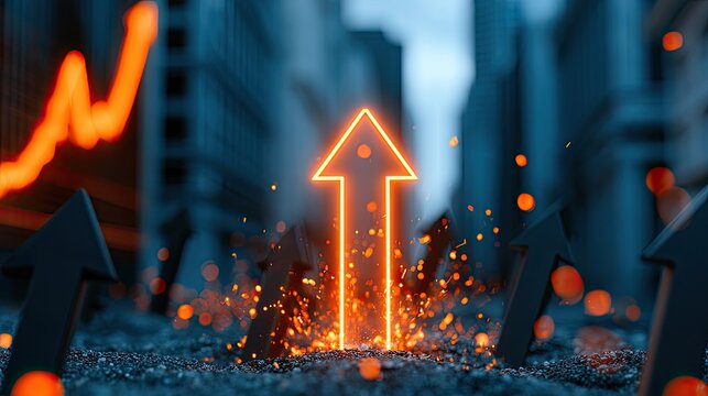 Glowing Neon Arrow Ascending Amidst Fiery Debris and Abstract Background.