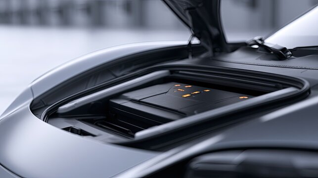 Close-up of a modern electric cars battery compartment with the hood open.
