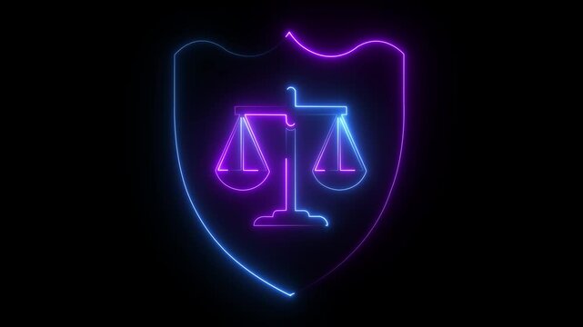 Neon justice scales and shield animation for legal and law firm branding