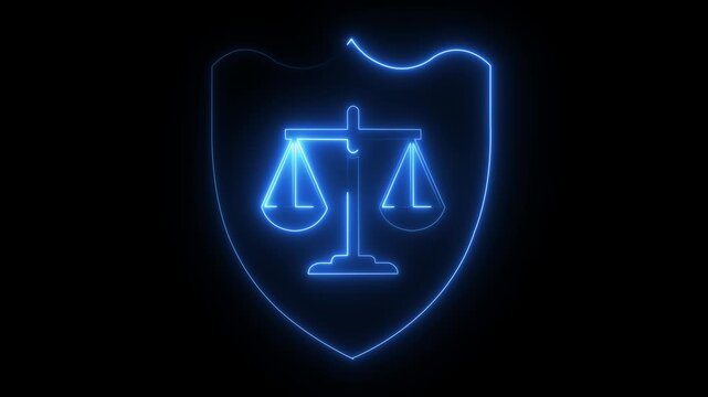 Glowing neon shield with scales of justice symbol for legal and law enforcement concepts