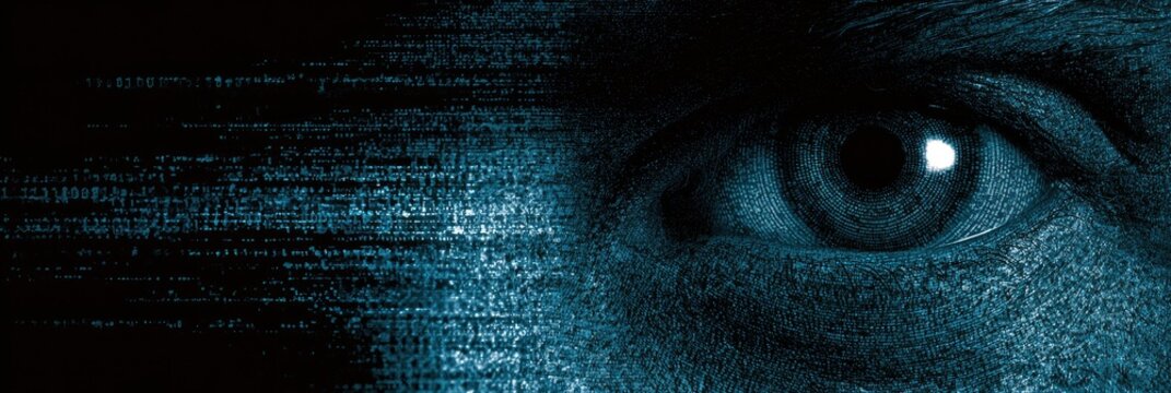 Close-up of a human eye reflecting digital code, symbolizing technology and surveillance.